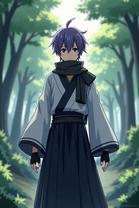 a tall man,  with short purple hair  (such as Satoru Gojo ),  wears a traditional Japanese black and white costume ,  a black scarf and black fingerless gloves , looking confused because in front of him was Lumine from Genshin Impact

surroundings: a fores...