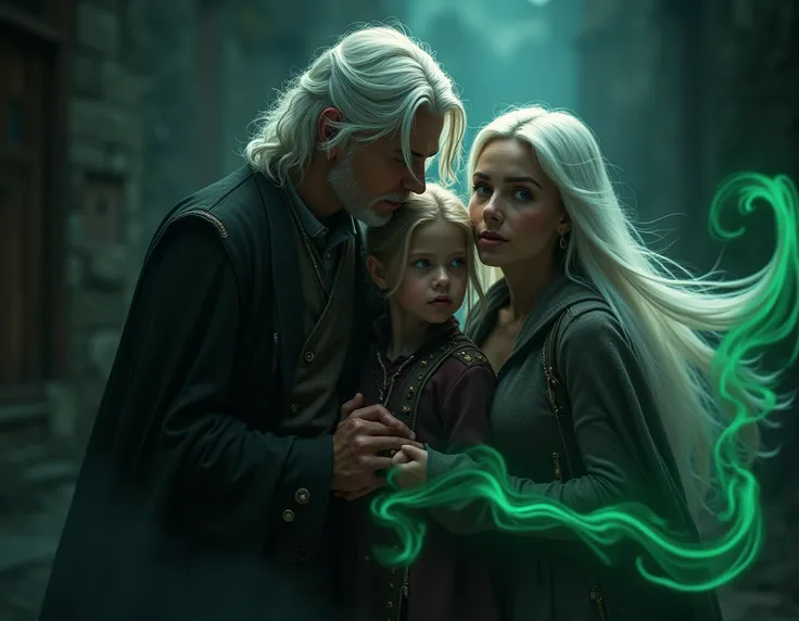 harry potter world,father, 27 years old, white hair, golden eyes, wife, 27 years old, long white hair and green eyes, protects her daughter from a dangerous spell, has white hair, left eye is golden and right eye is green,magick,darkness,4K,sharp focus,dra...