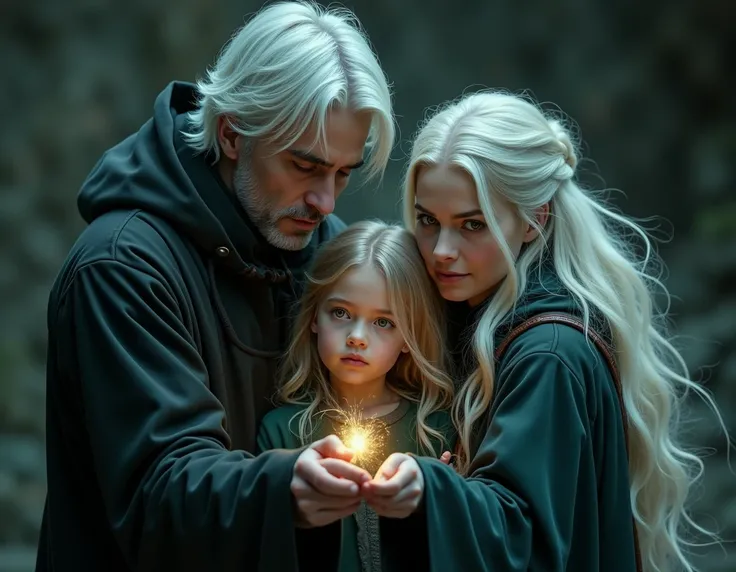 harry potter world,father, 27 years old, white hair, golden eyes, wife, 27 years old, long white hair and green eyes, protects her daughter from a dangerous spell, has white hair, left eye is golden and right eye is green,magick,darkness,4K,sharp focus,dra...