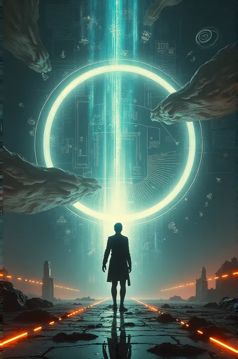 A futuristic scene depicting a person standing in front of a glowing time machine, surrounded by swirling, distorted timelines representing past and future. The person is reaching out, symbolizing the idea of altering time, with a reflective expression, co...