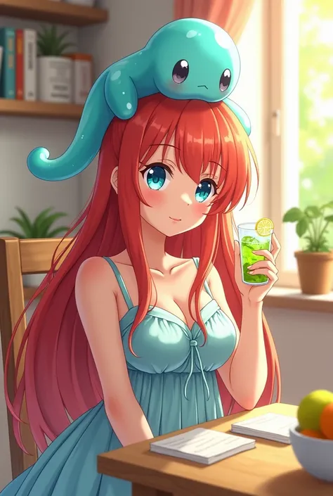  create a picture of ( Anime Party Dress)The womans long red hair naturally emanates, shining like a flame that teases with the afternoon sun. Her eyes are deep, bright blue, like a never-ending body of water, a prominent nose, natural pink lips, a thin sm...