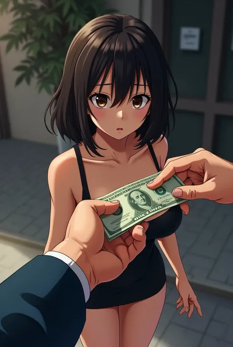 image type: anime. Camera type : In the first-person view of the man who hands the money .  Male hands taking money from the wallet and handing it to a woman.  The woman is an adult ,  has a curvy body and wears a very short dress , extremely short,  black...