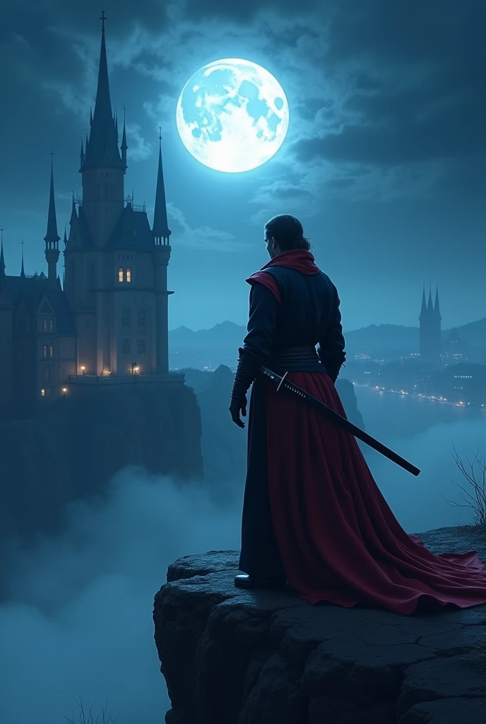 " A night landscape with a bright full Moon that illuminates a sky full of stars.  in the background , there is an ancient city ,  with tall, gothic towers ,  shrouded in bluish fog . in the foreground,  a mysterious warrior ,  dressed in a long black and ...