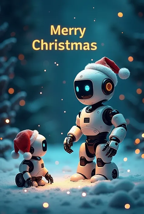  An image wishing MERRY CHRISTMAS from the ASSISTANT MANAGER OF INFORMATION TECHNOLOGY AND STATISTICS, In a lower part place MDC and add images of robots that represent some AI but that say the name of the suggestion textually