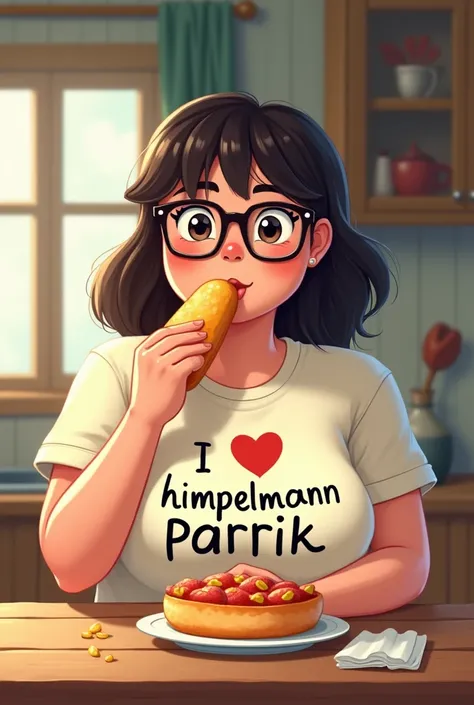 generate a picture of a glasses fat girl eating. have it written on his t-shirt "I love Himpelmann Patrik"