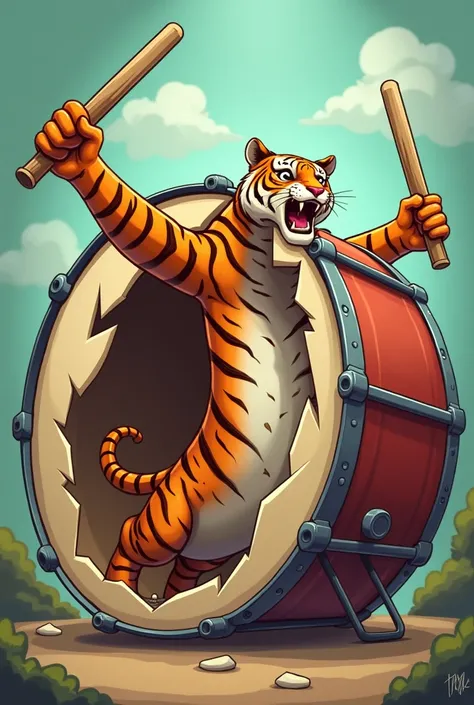 The model is a bass drum lying down in a tiger you can see half of the body coming out of the drum what broke the parchment with a raised hand holding drum sticks cartoon image 
