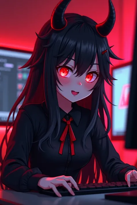 anime character with horns and horns on a computer screen, demon anime girl, mika kurai demon, with red glowing eyes, anime monster girl, gapmoe yandere grimdark, 1 7 - year - old anime goth girl, demon girl, anime style. 8k, badass anime 8 k, devious evil...