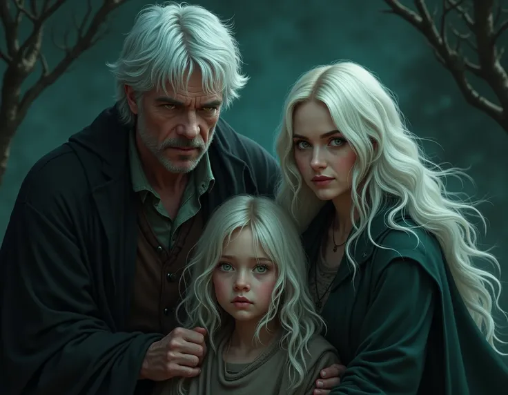 harry potter world,father, 27 years old, white hair, golden eyes, wife, 27 years old, long white hair and green eyes, protects her daughter from a dangerous spell, has white hair, left eye is golden and right eye is green,magick,darkness,4K,sharp focus,dra...