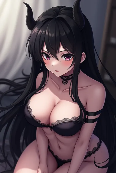  high quality image ,  anime style of a young succubus in a seductive position,  long jet-black hair ,  its eyes are seductive and black ,  the iris of one of them is shaped like a moon, It has no wings or horns ,  her skin is white and her generous breast...