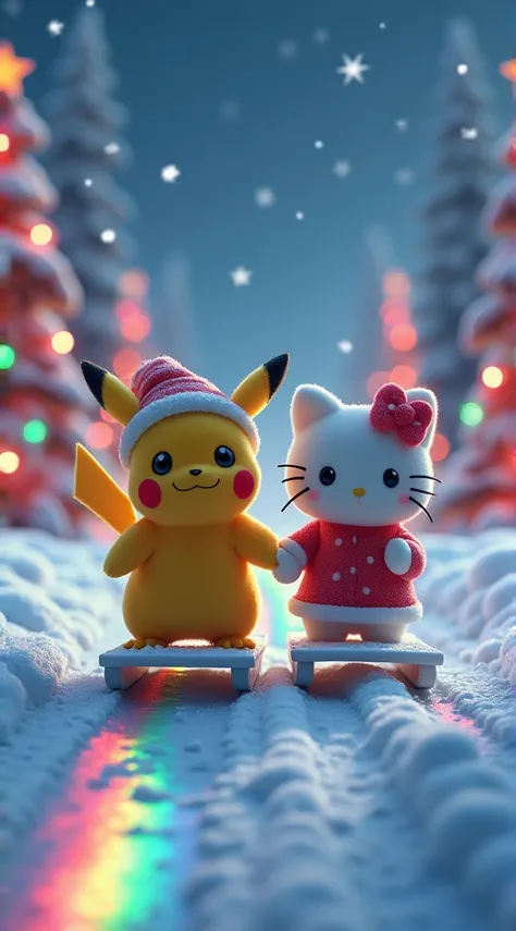 The image is a cute and whimsical image of a baby pikachu and baby hello kitty on two white Sled Both are going side by side wearing a Santa hat walking towards the viewer. It looks like a surrounded by a snowy, forest-like background, Its a perfect mix of...