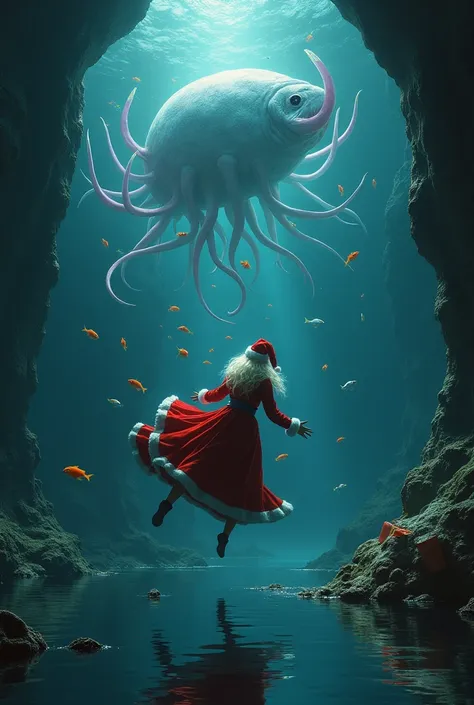 santa claus in the water  , suggestive movements, she is floating without gravity on dark space and reflecting on water walls ,A huge squid shaped like a luminothe  Santa with its tentacles ,Santa Claus   turns her body, open her bag , many gift floating u...