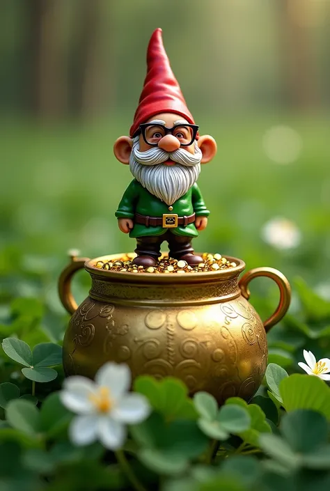 Make the squid(Luiz Inácio ) being a garden gnome on top of a pot of gold a clover field