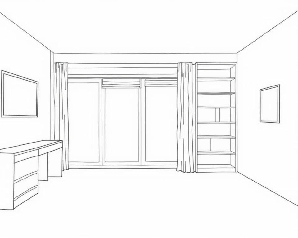 "Create a black-and-white line illustration of a simple, modern room interior. The room should have clean lines and feature elements like large windows with blinds, a tall bookshelf, and minimal wall decor such as a small framed picture. The room should no...