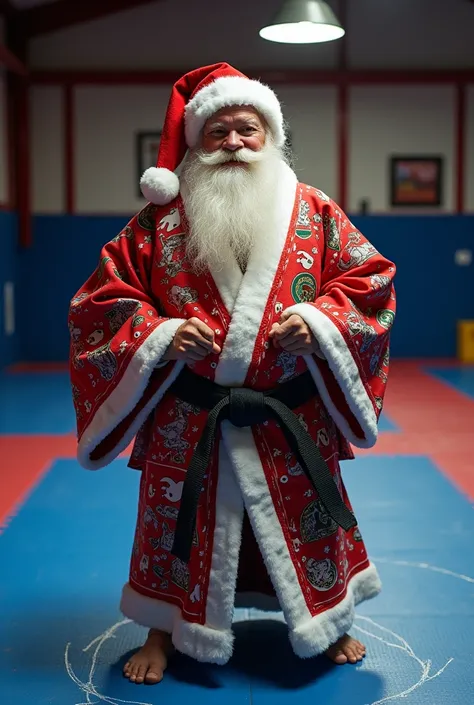 Create a Jiu Jistu kimono Santa Claus inside the jiu jitsu mat 

