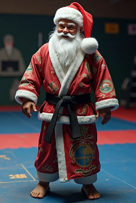 Create a Jiu Jistu kimono Santa Claus inside the jiu jitsu mat 

