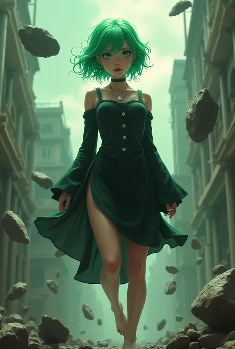 A young adult of small stature ,  with short, wavy vibrant green hair that seems to float slightly ,  transmitting a sense of energy .  She has expressive and penetrating eyes ,  with a confident and determined expression ,  her breasts are very large and ...