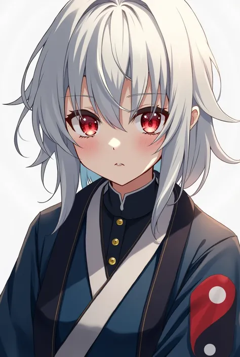 Primer plano de una obra maestra mejorada:1.5)0.9], (kny style, with short white hair ,  wearing Demon Slayders uniform and a Haori of Ying and Yang