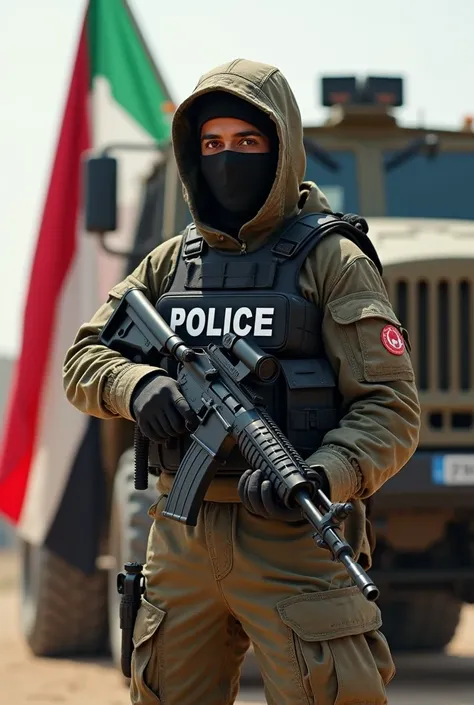 , he created an object with the body of a disabled Yemeni Arab, wearing a bulletproof vest with the words Police , carrying a riot shield and taking a cover position. He is a member of the Northeast Cartel. Next to an armored truck with the Yemeni flag beh...