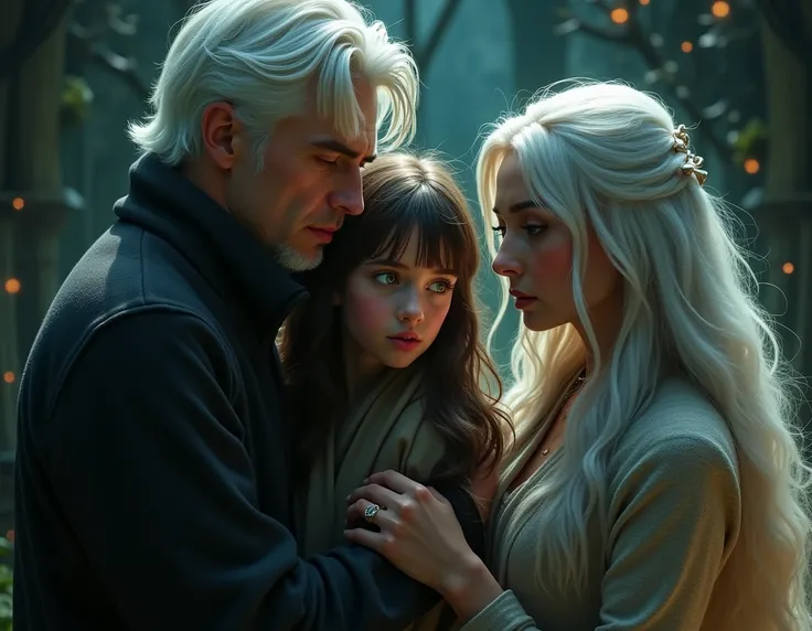 harry potter world,father, 27 years old, white hair, golden eyes, wife, 27 years old, long white hair and green eyes, protects her daughter from a dangerous spell, has white hair, left eye is golden and right eye is green,magick,darkness,4K,sharp focus,dra...