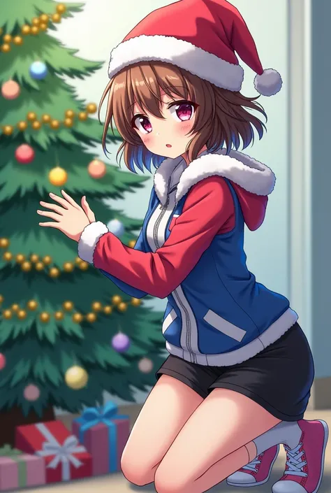  Anime girl with short wavy brown hair with blue highlights, pansexual flag color jacket black shorts,  stockings, white and pink shoes ,  pink eyes with a turquoise heart ,  wearing a Christmas hat.  decorating a Christmas tree 