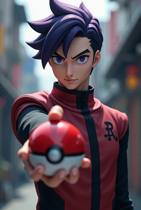 A young man with dark purple hair wearing a team rocket uniform holding a Poke ball