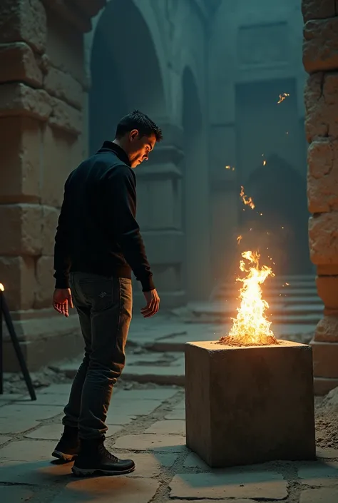 Cristiano Ronaldo, wearing a sleek black turtleneck sweater, dark grey jeans, and black boots, with a determined expression, discovers a stolen artifact with world-altering power in a dimly lit, ancient temple. The air is thick with anticipation as he caut...