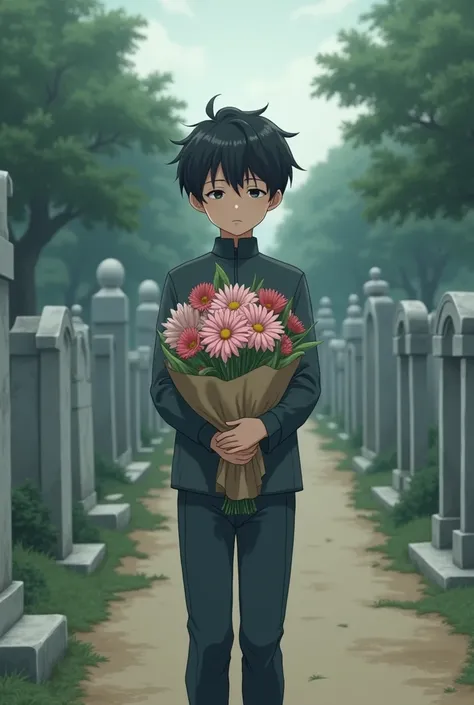 Anime boy carrying flowers to the grave 