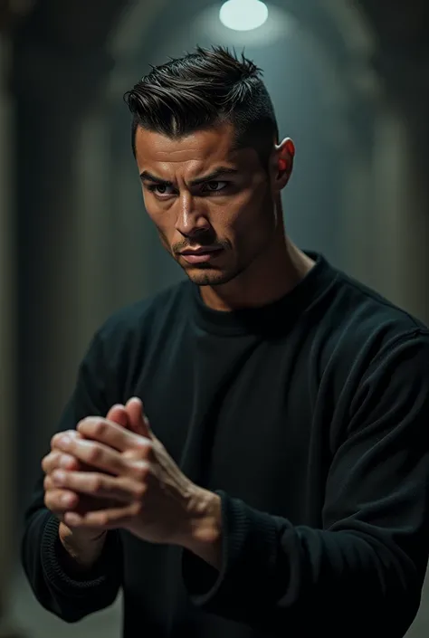 Cristiano Ronaldo, dressed in the same outfit, looks shocked and concerned, with a hint of fear in his eyes, as he realizes the artifacts immense power and the danger it poses in the wrong hands. His black sweater seems to fade into the shadows as his face...