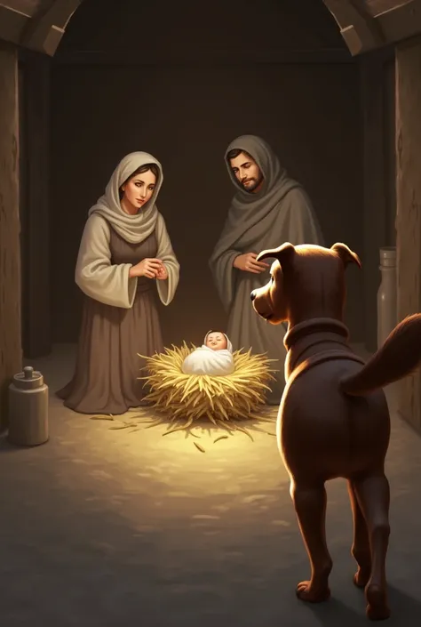 A dog watching Maria and Jose in the manger