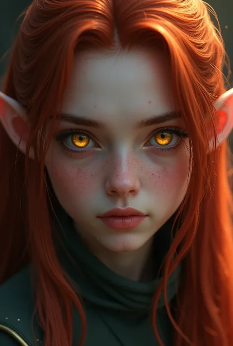 An elf girl with long red hair, bright yellow eyes, and a serious expression up close