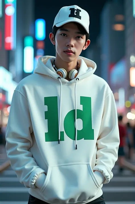 This double exposure image shows A handsome man Korean, black hair,Wearing a white baseball cap,in a bright white hoodie with the text"LD"in grafiti style green,head covering part of the face.wearing black jeans and brown sports shoes, He was wearing headp...