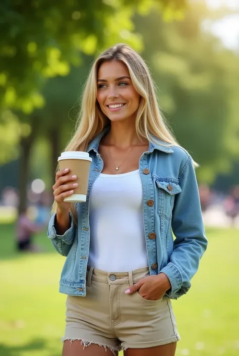 "Create an image of a young American woman standing outdoors during a sunny afternoon. She has long, straight blonde hair, bright blue eyes, and a warm smile. She is wearing a casual summer outfit: a light blue denim jacket over a white t-shirt and beige s...