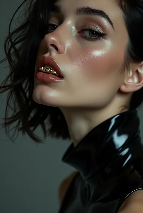 a woman with a large jaw and gold teeth, in the style of futuristic minimalism, restrained forms, darkly romanticism, the bechers typologies, glossy finish, intricate imagery, close-up shots --ar 4:5 --s 300 --v 6.0 --style raw