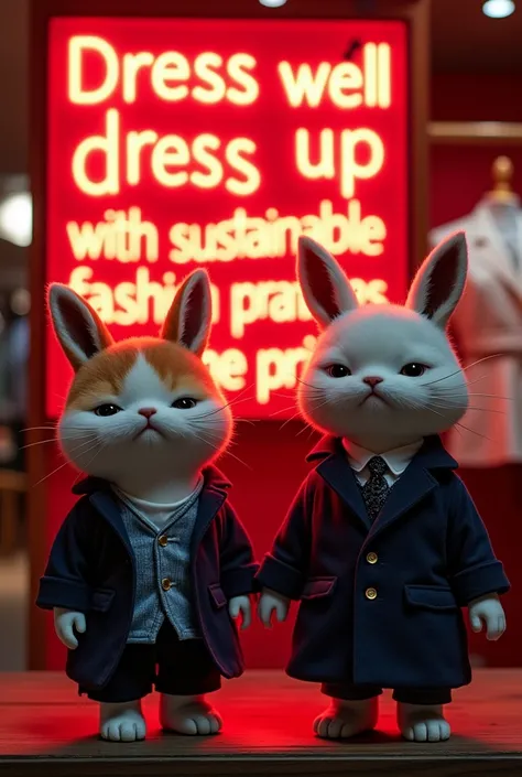 Two female and male manekineko promoting mens clothing, a clothing store called MOTTAINAI, sustainable fashion, neon lights and elegant colors, and a phrase that is repeated saying, “dress well, dress up with sustainable fashion from the best brands at the...