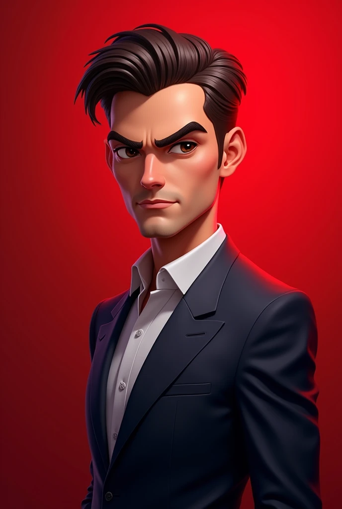 Portrait of a handsome man in his early 30s, wearing a sharp suit, standing against a vibrant red background. The style is highly detailed, resembling 3D cartoon graphics inspired by League of Legends artwork. The man has well-groomed hair, a confident exp...