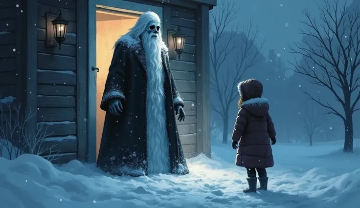 Lara, her eyes wide with terror, stares at her father as she points toward the door. Standing there, just inches away from the entrance, is the man of snow. He is tall and imposing, dressed in a long black coat caked with snow, his white, icy beard flowing...