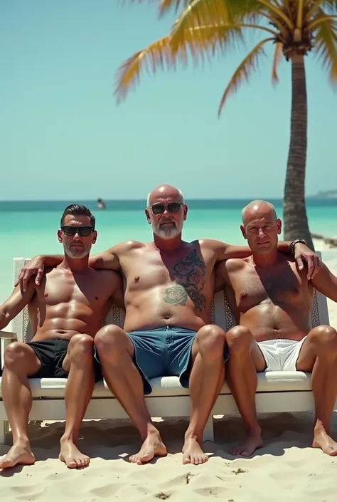 there are three men sitting on a beach chair together, a screenshot by Samuel Silva, reddit, tachisme, dad bod, leaked photo, 4 0 years old man, flat chested, 45 years old men, shirtless biden with tatoos, leaked image, hot daddy, topless, 30 year old man,...