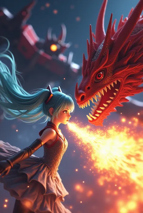 Hatsune Miku with red dragon breathing fire in space with Grendizer