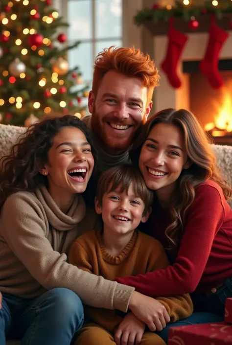 create a picture of happy family in christmas, dad is ireland, wife is beautiful brunette girl and twin of son