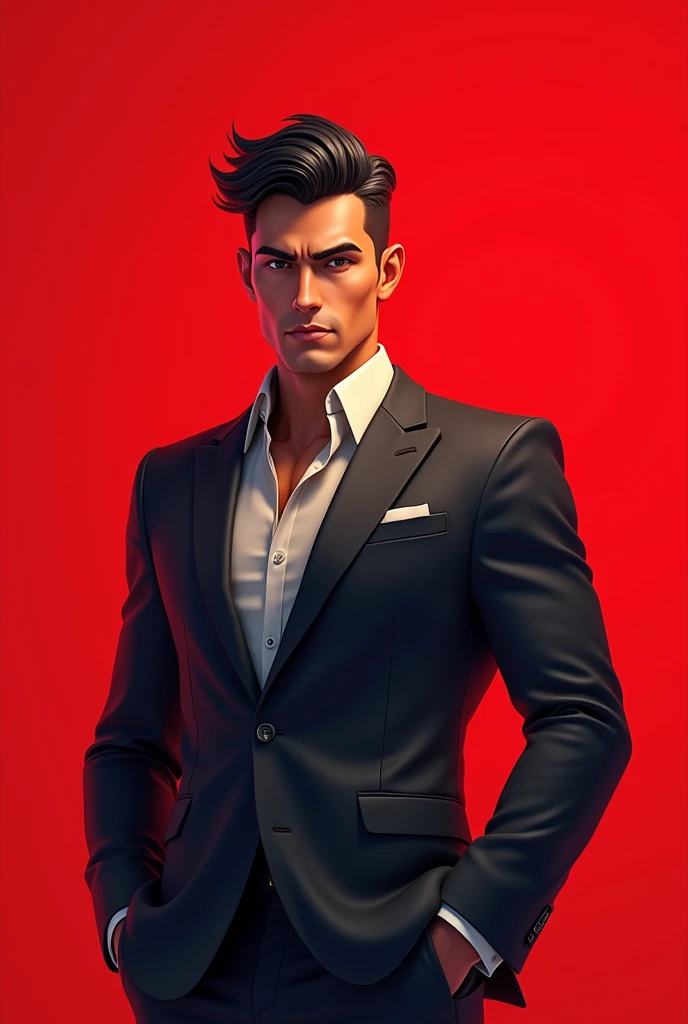 Portrait of a handsome man in his early 30s, wearing a sharp suit, standing against a vibrant red background. The style is highly detailed with cel-shading animation, blending 3D cartoon aesthetics with cinematic realism. The man has a serious expression, ...