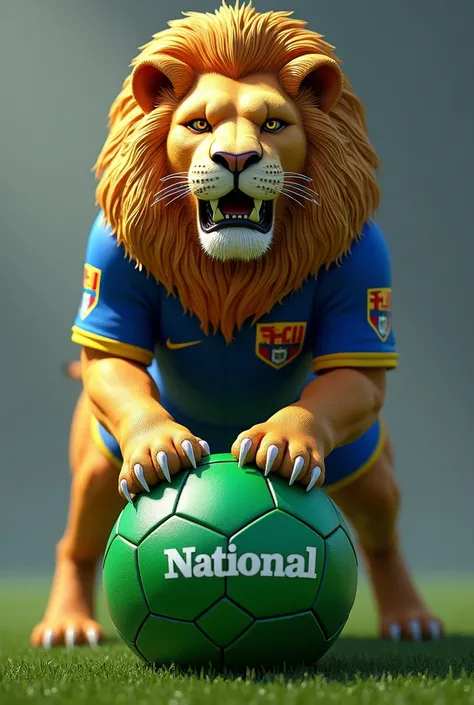 A lion wearing an Atlético Nacional Colombian club jersey stepping on a green ball that says national 