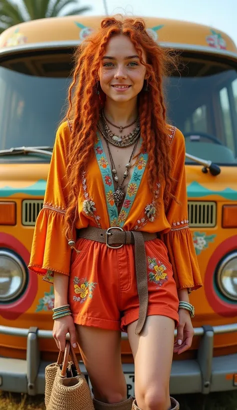 "Depict a young bohemian woman standing proudly in front of a vintage, brightly painted hippie van with floral designs and peace symbols. Her fiery orange dreadlocks, adorned with colorful beads, feathers, and charms, cascade down her back. She wears a boh...