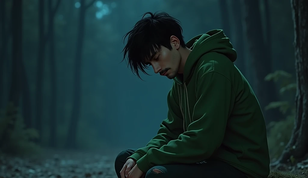 The tall 30-year-old man,  black hair with bangs , half-grown beards , You are sad to have a torn and poorly maintained green hoodie, And ripped green pants , dirty white shoes , Are you sitting in a very dark place,  on a very dark night .3D Style Disney