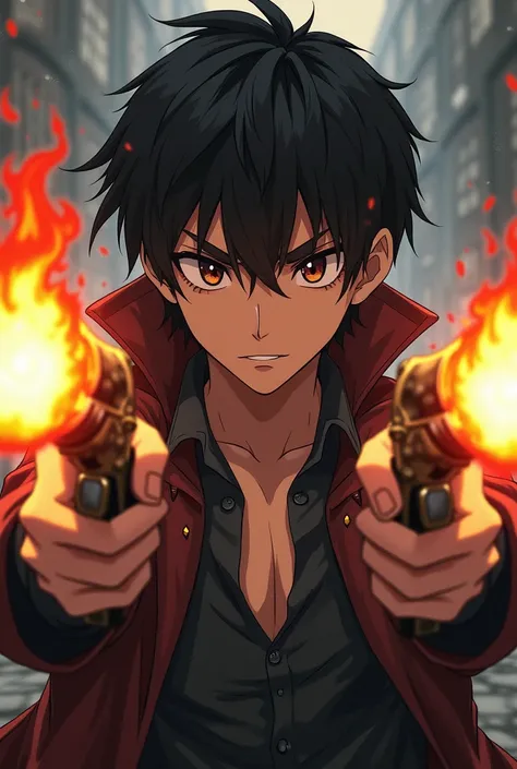 Create a 22-year-old role-playing character with black hair in anime style with a mature face like Toji from Jujutsu Kaisen with two pistols like muskets, But they are imbued with fire 