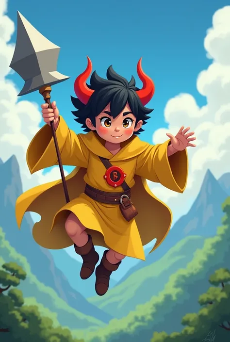 "A man with a black headdress and red horns, holding a pointed mace, flies against a blue sky. In the background are green mountains. The boy wears a yellow robe with a red emblem on the chest, showing adventure. Heroic."