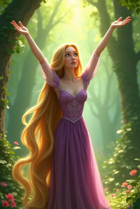 Rapunzel front picture full body raising her hands T pose with green background 