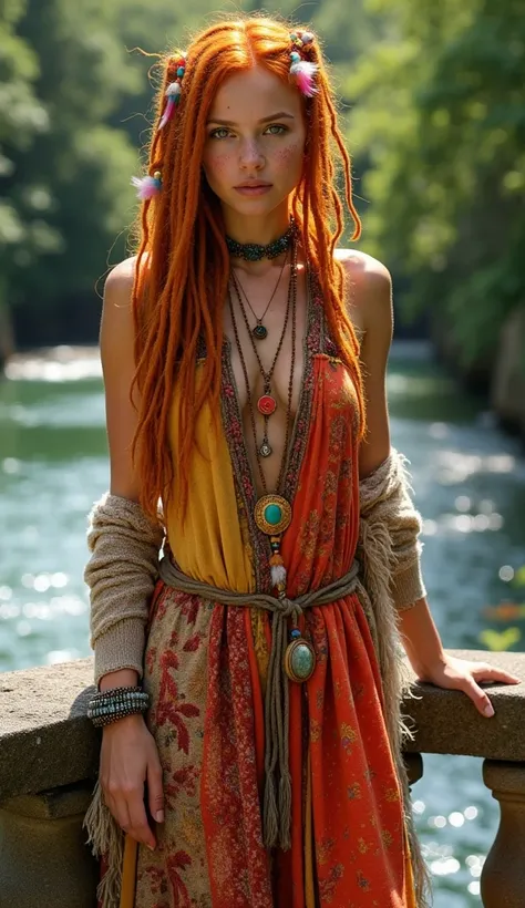 "Depict a young bohemian woman standing confidently on an old stone bridge with a flowing river beneath her. Her fiery orange dreadlocks, adorned with colorful beads, feathers, and braided threads, cascade over her shoulders and back. She wears a long patc...