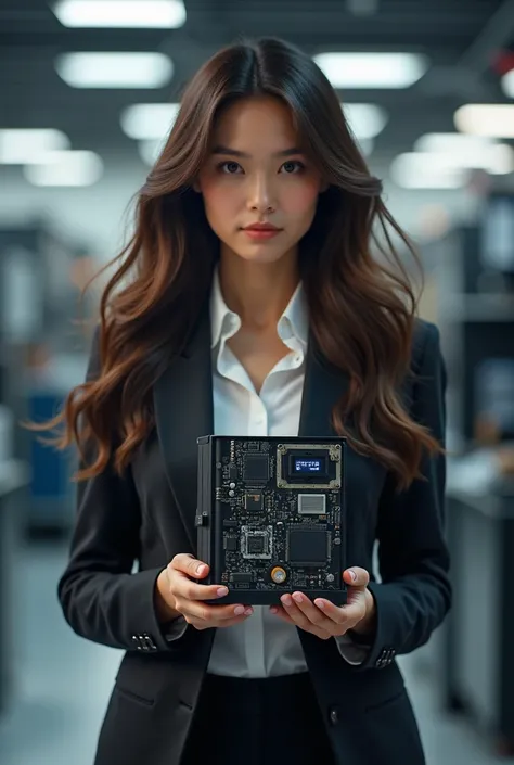 Create an image of beautiful electrical engineer girl with VFD in hand