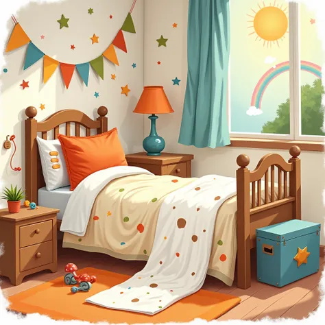 Illustration of a towel beside the bed, {Near under the bed}, Side view of bed. its fabric stained with brown splotches, The room captures the essence of hood chaos, with a bed adorned with colorful pillows, a toy box in the corner, and playful decorations...