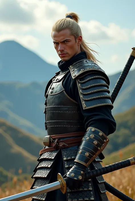 A samurai warrior, with a halberd in his hand and a katana on his back, about 30 years old, blond hair and blue eyes